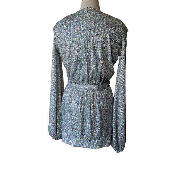 HOUSE OF CB LONDON Silver Sequin Wrap Mini Dress Size XS - Picture 3 of 8